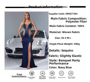 Detail view of navy blue sequin evening dress with side slit and polyester fabric specs