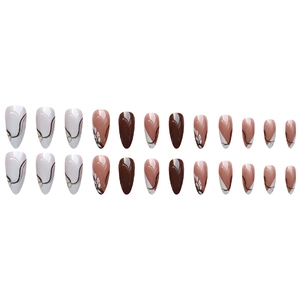 Brown and beige almond press-on nails with leaf art and gold line design, 24 piece set