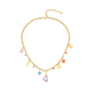 Gold charm necklace with pink heart crystal, white pearl and life tree charms