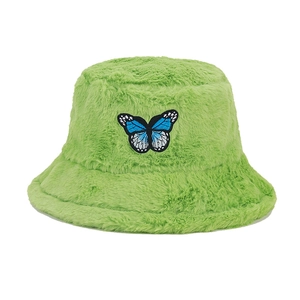Bright green plush bucket hat with blue butterfly embroidery for winter fashion