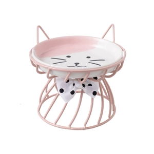 Ceramic cat-ear elevated bowl with pink metal stand and bow for neck protection