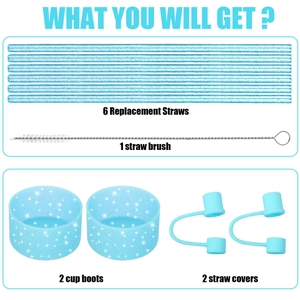 Detailed 11-piece light blue glitter straw cover set with brush and silicone boots
