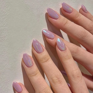 Faux Ongles À Presser Holographiques Violets Amande Longue Laser Pailleté Couverture Complète Manucure Pour Femme Élégant