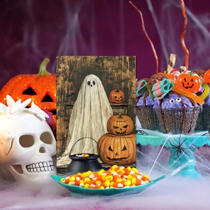 Halloween party invitation card featuring spooky ghost pumpkin and cauldron decorations