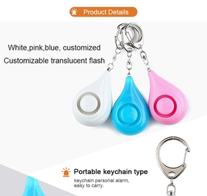 Detail view of water drop personal alarms in white, pink and blue with keychain
