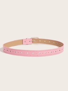 Pink PU leather belt for women featuring heart-shaped cutouts and a silver buckle