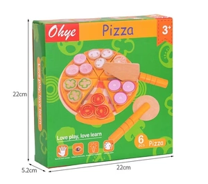 Detailed view of the 22cm wooden pizza toy set in a green box with size measurements