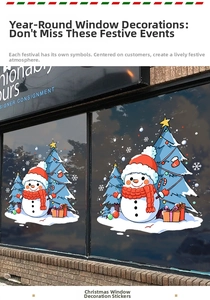 Detailed Christmas window decals showing cute snowmen and trees on a glass display