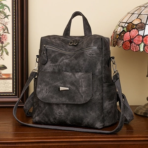 Vintage dunkelgrauer vielseitiger Lederrucksack mit Metallreißverschlüssen in Retro-Stil
