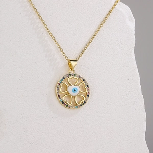 Bohemian 18K gold plated evil eye pendant necklace with colorful zircon on a stone