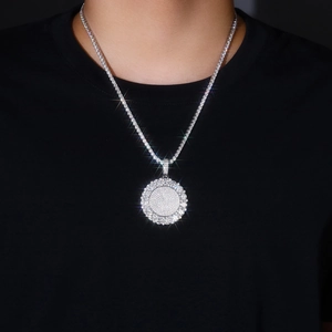 Hip hop style S925 silver sunburst pendant with moissanite inlay on tennis chain