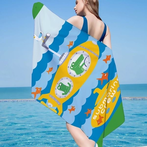 Cartoon crocodile submarine beach towel shown on a model by the poolside in summer