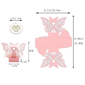 Detail showing pink butterfly hollow candy box dimensions and unfolded flat layout view