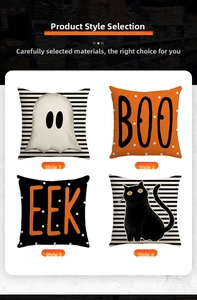 Detailed grid showing Halloween linen pillowcases with black cat, ghost and boo patterns