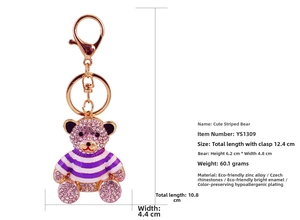 Detail showing dimensions of 12.4cm and weight 60.1g for pink rhinestone bear keychain