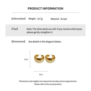 Detail view showing gold textured C-shape earrings specifications and dimensions 3cm x 3cm
