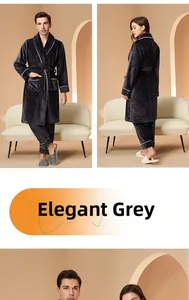 Detail of elegant grey thick coral fleece pajamas set with robe and pants for winter warmth