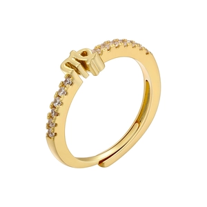 Macro shot of 18K gold plated Virgo zodiac ring with sparkling cubic zirconia accents