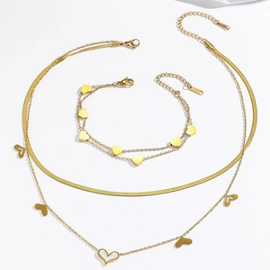 Double-layer gold stainless steel necklace and bracelet set with heart charms