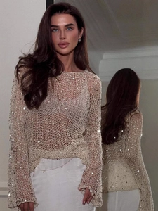 Sparkly champagne sequined hollow crochet knit sweater with long sleeves and round neck