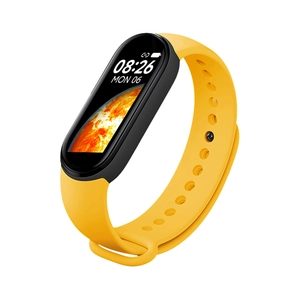 M7 Smart Bracelet with yellow silicone strap showing heart rate and sleep monitor features