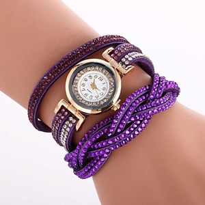 Purple multi-layer wrap bracelet watch with sparkling rhinestones and quartz movement