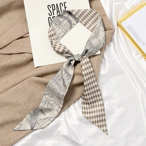 French vintage beige and brown geometric silk ribbon scarf for hair styling in a knot