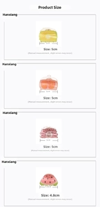 Detailed size chart for fruit acrylic hair claws measuring 5cm in width and length