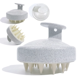 Detailed multi-view of a grey wheat straw scalp massage brush with beige silicone bristles