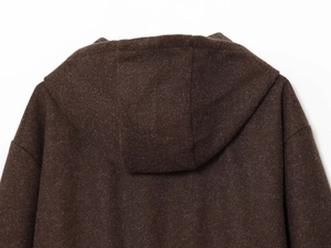 Detail of dark brown hooded jacket featuring wool blend texture and drop shoulder design