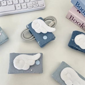 Denim fabric cable organizer with plush wings design for USB cord and earphone storage