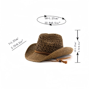 Detail showing dimensions of brown western straw hat with woven texture and bead trim