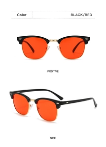 Detail of semi-rimless sunglasses with black browline frame and vibrant red polarized lenses