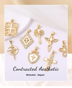 Detailed close-up of vintage gold cross, crown, and angel wing charms with pearls