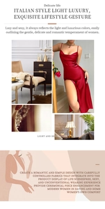 Detail of red silk slip dress featuring a deep V-neckline and high side slit