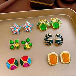 Vintage Copper Earrings With Silver Earring Post Enamel Zircon Artificial Pearl Geometric Elegant Retro Jewelry For Women