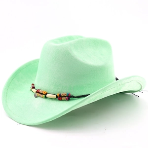 Detail of mint green suede cowboy hat with colorful ethnic beads and woven band