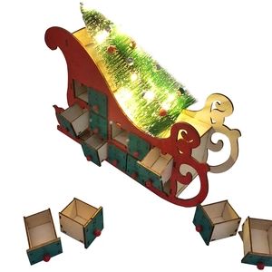 Wooden Christmas sleigh advent calendar with 24 numbered drawers and LED lighted trees