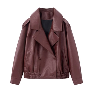Women's deep red faux leather jacket with lapel collar and double-breasted closure