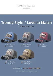 Détail de cinq casquettes en coton lavé vintage avec broderies de requin et d'ancre élégantes
