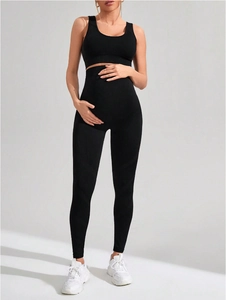 Zweiteiliges schwarzes Umstandsyoga-Set mit nahtlosem BH und High-Waist-Sportleggings