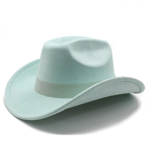 Detail of mint green suede western cowboy hat with wide matching ribbon band