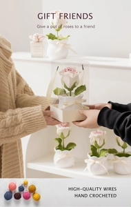 Handmade crochet rose in a mini pot inside a clear gift box with decorative ribbon