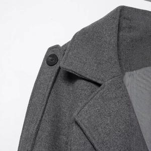 Fashionable dark gray wool coat with lapel collar and shoulder strap detail for women