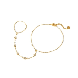 18k gold plated bracelet ring with five white cubic zirconia stones on white background