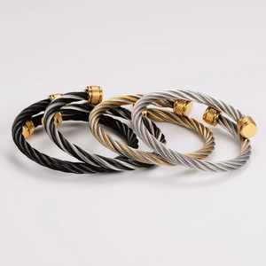 Adjustable minimalist stainless steel cable twist bangles in gold, silver and black finish