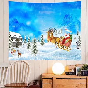 Detail of Christmas tapestry featuring Santa and cabins hung on a white wood wall