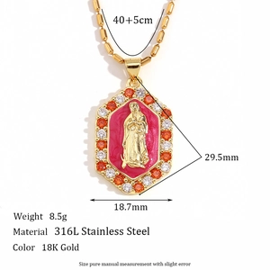 18K gold-plated Virgin Mary pendant with pink enamel and zircons on 316L stainless steel