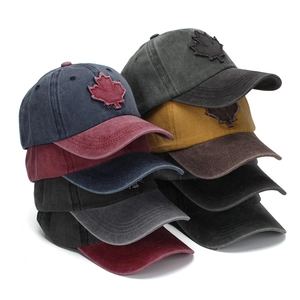 Vintage washed baseball caps with 3D maple leaf embroidery in multiple colors