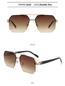 Detail view of gold geometric rimless sunglasses with brown gradient lenses and double bridge